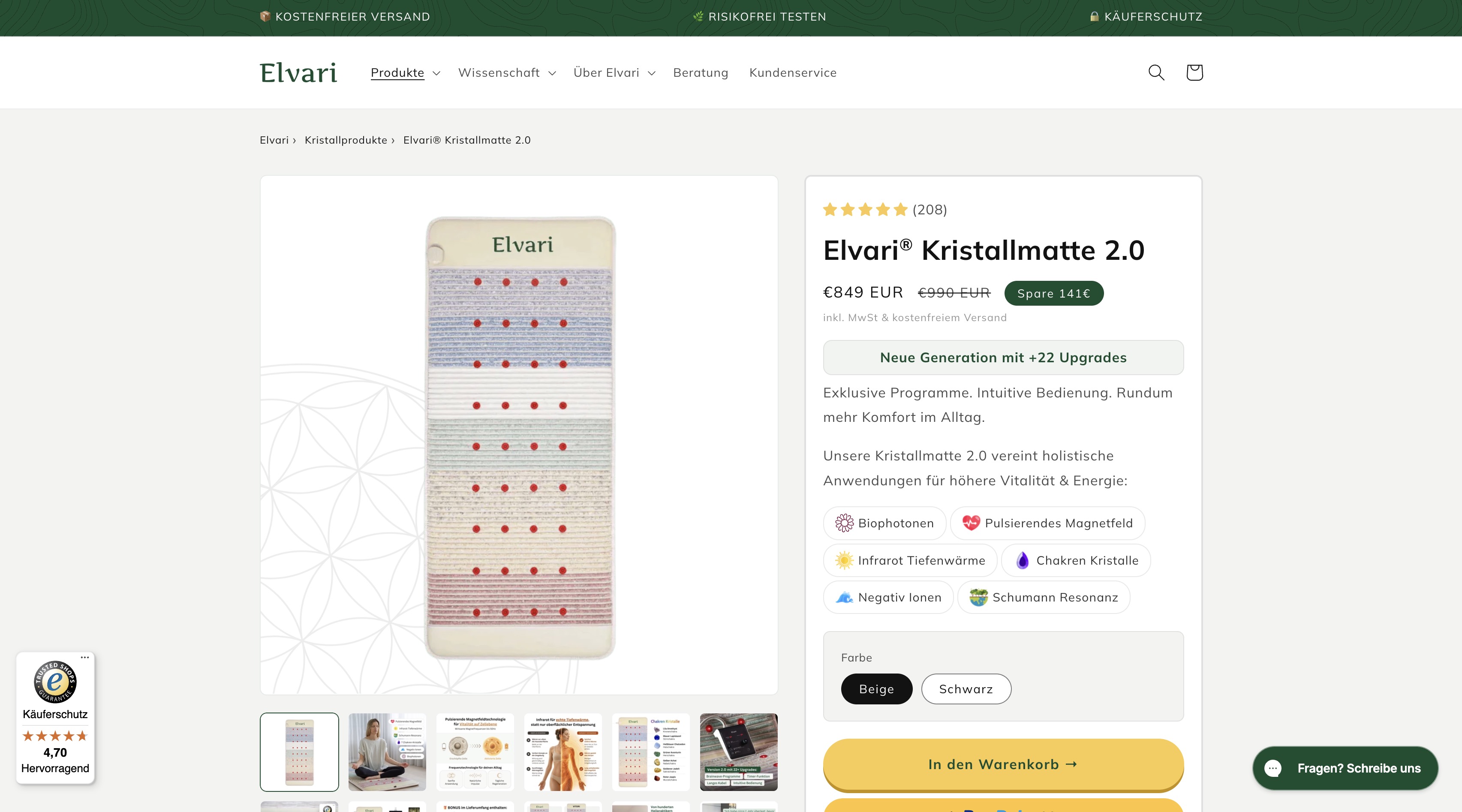 Elvari Kristallmatte 2.0 Produktseite — 849€ mit +22 Upgrades Badge